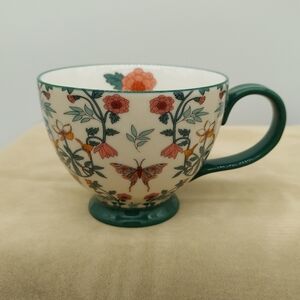 Potter's Studio Teacup Botanical Butterfly Floral Footed Mug Green White Orange